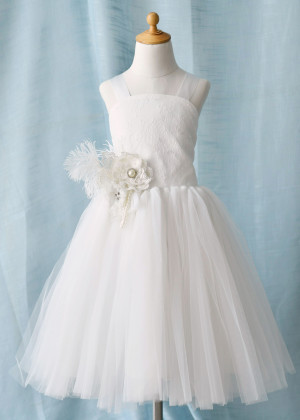 Ivory Lace Tulle Cross Back With Feather Flower Girl Dress